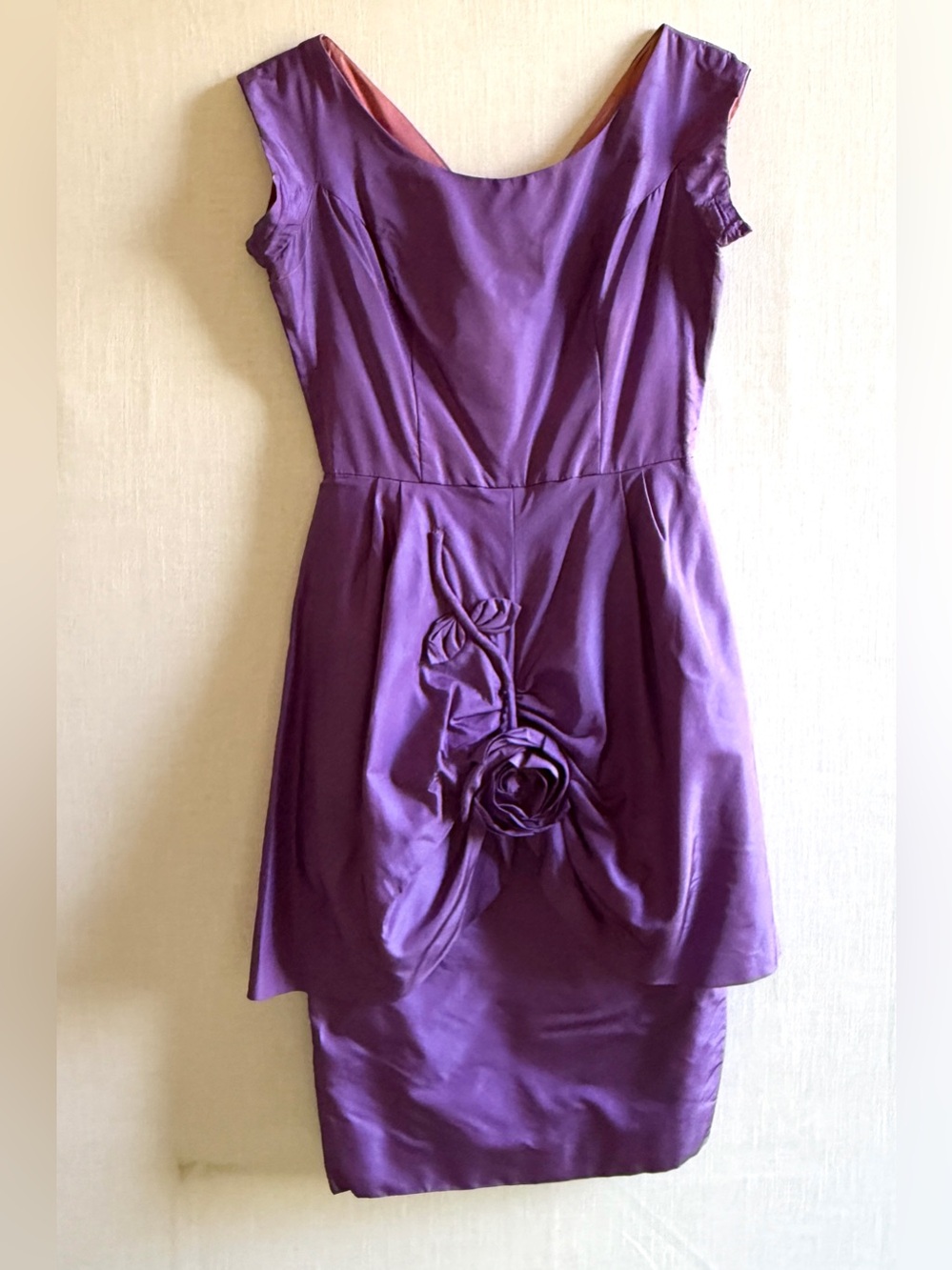 Vintage 1950s/1960s Purple Cocktail Dress with 3D Rose Accent Midi Shift